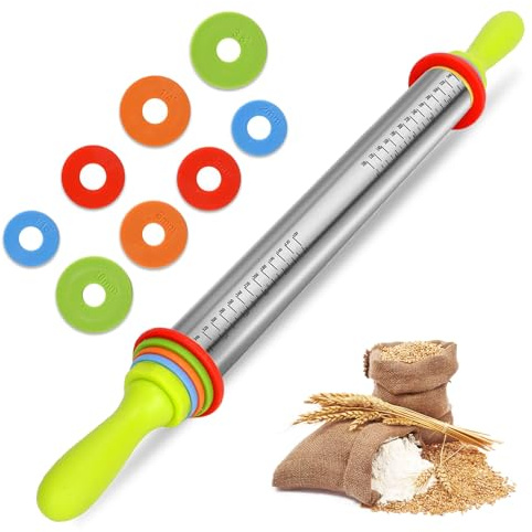 Brödkavel rostfritt stål 61 cm – rostfritt stål kavel med avståndshållare för degtjocklekar, kavel av rostfritt stål med handtag, justerbar kavel kavel för pizza, kaka, bakverk deg