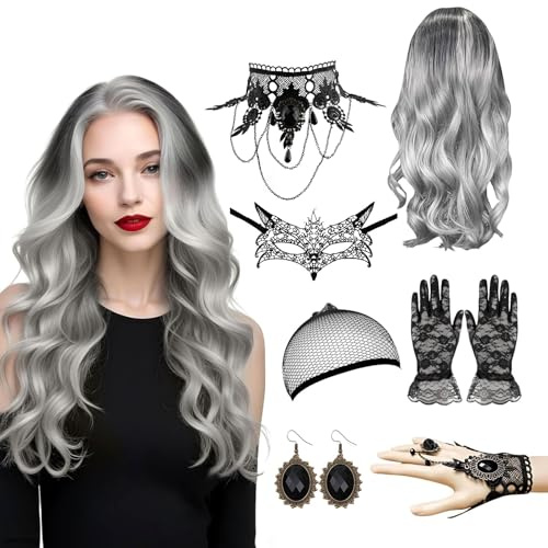 Kefyvbdj 7Pcs Peluca Carnaval Mujer, Peluca Gris Mujer Carnaval,Pelucas Grises Largas,Pelucas gr-is larga para muj-er,Ombre Gr-is Plata Largo Rizado para cosplay,Hallow-een,carnaval,fiesta temática