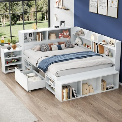 Mrwoo Sofá Cama Matrimonio 140 x 190 cm, Cama Juvenil Multifuncional con Cajones, Estantería y Armario, Gran Espacio de Almacenamiento, Somier de Láminas, Blanco (sin Colchón)