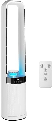 HOMCOM Ventilador de Torre Silencioso, Ventilador sin Aspas con Luces LED de 4 Colores, Mando a Distancia, Temporizador de 12 horas, Oscilación de 45°, 3 Velocidades, Blanco