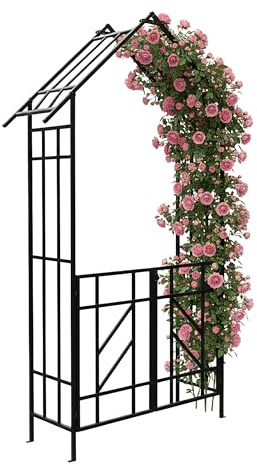 Relaxdays Arco per Rose con cancello, Tetto a Punta, Sostegno rampicanti, Giardino, HxLxP