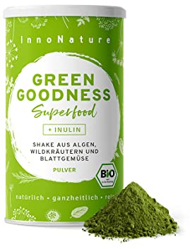 Bio “Green Goodness” Superfood Shake mit 12 Superfoods (Weizengras + Gerstengras + Moringa + Chlorella + Spirulina + Kelp etc.) 300g Premium grünes Smoothie Pulver/Shake. Vegan + hergestellt in DE.