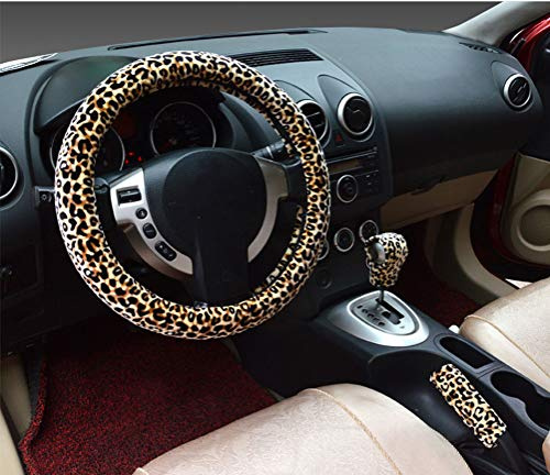 Coprivolanti 3 in 1 morbido leopardato per auto impugnatura freno a mano copri leva cambio corto caldo invernale per donna (Standard,Beige)
