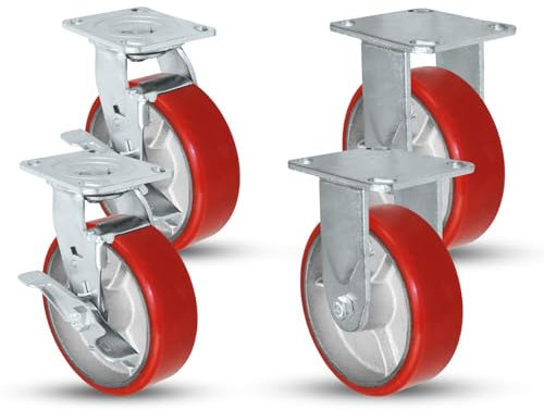 5 X 2 Swivel Caster Heavy Duty Red Polyurethane Wheel on Steel Hub with Brakes (2) and Fixed (2) 4,000lbs Per Set of 4 Tool Box Casters - CasterHQ Brand (5)
