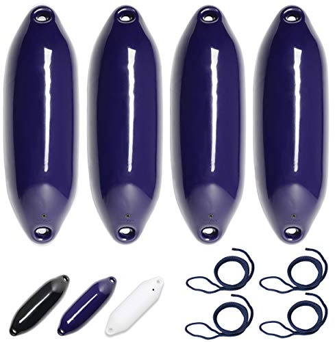 HonuNautic 4er Set Fender incl. Fenderleinen | U-Serie | Farbe: Blau | Größe: Ø 16 x L 56 cm | Boot & Yacht Stegfender, Langfender