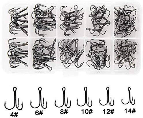 Shaddock 110TLG Drillinge Angelhaken Set Drillingshaken Treble Angelhaken Kohlenstoffstahl Starke scharfe runde Biegung Haken für Salzwasserfischen Gemischt 6 Größe 4 6 8 10 12 14
