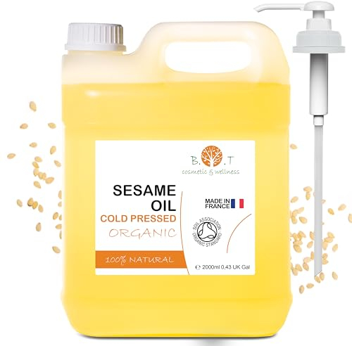 100% Pure Organic Sesame Oil - Cold-Pressed, Natural Skincare and Haircare, Certified Organic, Perfect for Ayurveda Massage - 2000 ml (67.6 fl oz)