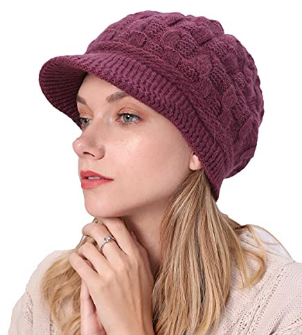 Bonnet d'hiver pour Femme avec visière, Bonnet tricoté décontracté pour Fille, Bonnet Doux doublé en Polaire avec visière, Chapeaux Fashion à Couleurs Multiples pour Temps Froid