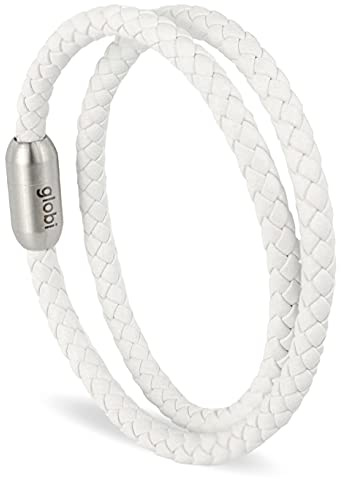 globi Leather Bracelet For Men | Genuine Wrap Braided Leather Cuff Bangle Bracelet with Magnetic Stainless Steel Clasp For Men/Women (White, 7)