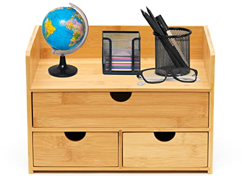 RoyalHouse Premium Natural Bamboo Desktop Organizer, Attractive Design 3 Tier, Table Top Storage for Documents & Office Supplies, Accessories And More, No Assembly Required (3 Drawer with Shelf)