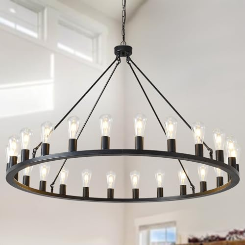 HHR 48-Inch Wagon Wheel Chandelier 24-Light, Extra Large Black Chandeliers, Round Rustic Farmhouse Outdoor Chandelier for High Ceilings, Dining Room, Living Room, Foyer, E26