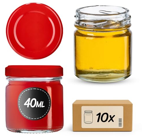 KADAX 10 st miniglas 40 ml med skruvlock fi 43 mm, konserveringsglas, kryddburkar med lock, fallglas, provglas, syltburkar, små honungsburkar (10 stycken, rött lock)