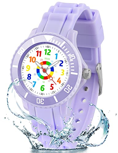 DTKID Kinderuhr Junge Mädchen,Lern Armbanduhr Kinder Mit Drehbarem Lünettenring,3ATM Wasserdicht,Kinder Uhren Analog Für 4-15 Jahre