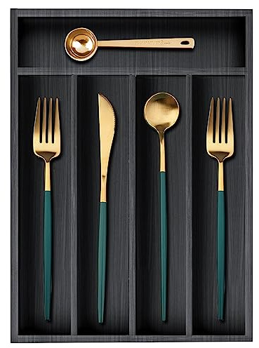Organizador de cajones de utensilios de cocina pequeños, bandeja de cubiertos de madera negra, organizador divisor de cubiertos, bandeja de utensilios de madera estrecha para insertar cubiertos,