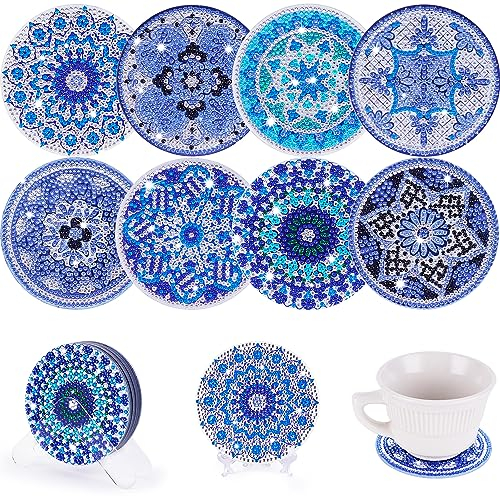 VOESLD Dessous de Verre de Diamond Painting avec Support Transparent, Ensemble de 8 Dessous de sous Verre de Peinture Diamant DIY pour Boissons Tasses vases Bougies, Cadeaux DIY Motif Cyan