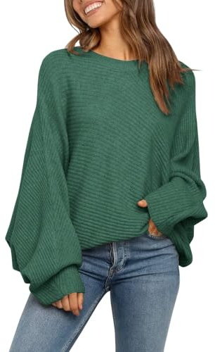 Fessceruna Women's Jumper Oversize Batwing Sleeves Knitted Pullover Winter Crew Neck Ribbed Sweatshirt, Green, L