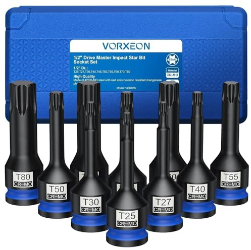 VORXEON 1/2 Juego de 10 Piezas Llaves de Vaso Torx 42CRMO t25-t80 con Caja de Plástico para Garaje Taller de Reparación de Automóviles