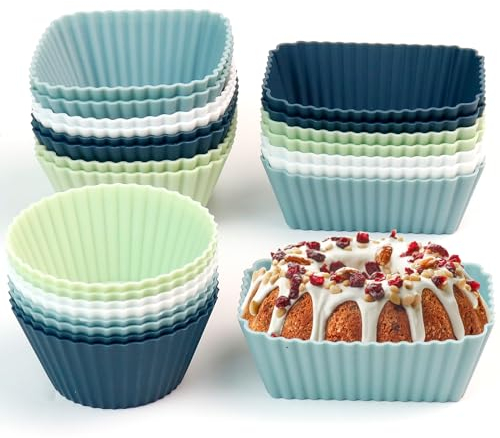 Silikon Muffinförmchen Wiederverwendbare Muffinform Backformen - 24 Stück Cupcake Förmchen Drei Modelle Rechteck,Quadrat,Kreis,BPA-Frei Kuchenform Silikon Formen für Kuchen,Eincreme und Pudding