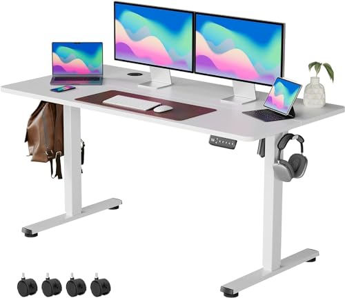 VOSATRON Elektrisch Höhenverstellbarer Schreibtisch 140x60cm Schreibtisch Höhenverstellbar mit Memory-Steuerung und Anti-Kollision Technologie, Rollen, Spleißbrett, Weiß Rahmen/Weiß Tischplatte