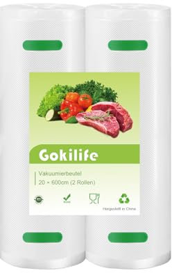 Gokilife Vakuumierbeutel - 2 Rollen 20x600cm Reißfest ca. 450µm, Vakuumierfolie für alle Vakuumierer & Lebensmittel Vakuumiergerät, Profi Folienrollen BPA-frei, Kochfest und Sous Vide Gefrierbeutel