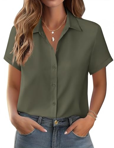 Zeagoo Camisa Mujer Verano Casuales de Manga Corta Elegante Cuello en V Camisas con Botones Algodón Suelta Blusa Básica Color Sólido T-Shirt Suave cómodo tee Verde Militar XXL