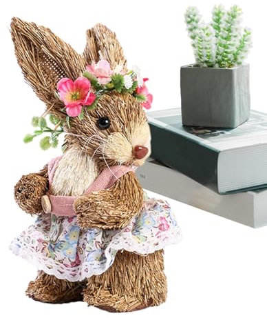 YNPQTDS Conejo de Pascua de paja, estatuas de conejo de Pascua tejidas con paja, adorno de conejo de paja de simulación de Pascua, decoración de conejo de paja tejida a mano, figura de conejo de