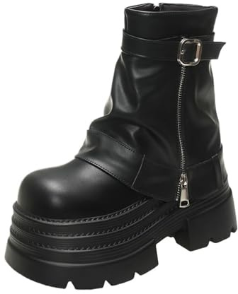 Punk Femmes Automne Hiver Cuir Bottines 10CM Talons Chunky Plateforme Combat Bottes Antidérapantes Chaussures de Moto Femme Punk Bottes, Noir , 39 1/3 EU
