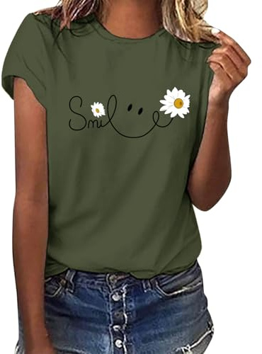 heekpek Femme T Shirt Blanc Chic T Shirts Col Rond Haut Manches Courtes Ete T Shirt Coton Tee Shirt Imprimé pour Femmes Files