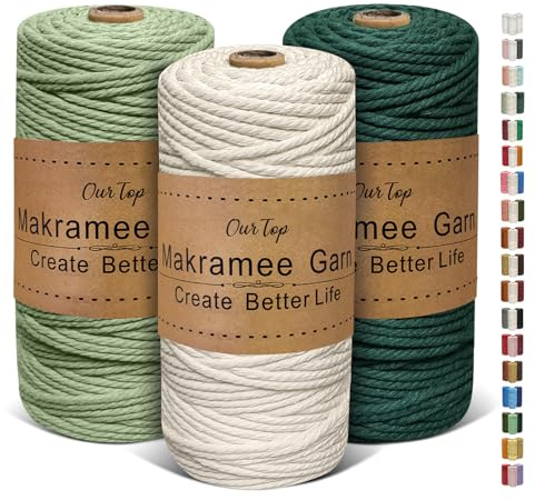 OurTop Set di 3 filati macramè di alta qualità, 4 mm x 85 m, in macramè, per lavori fai da te, decorazione per piante sospese (naturale, verde chiaro, verde scuro)