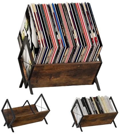 Jenmayt Soporte Vinilos 80-100 LP, Estantería Discos Vinilo con Divisor Ajustable, Mueble Tocadiscos Retro para Álbumes, Revistas, Libros y CD - Industrial Negro Marrón