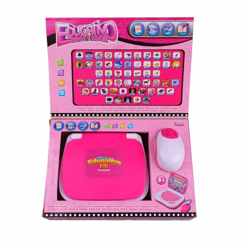 Qudinip Computadora Portátil de Aprendizaje Bilingüe para Niños, Juguete Educativo Inglés Español con Música y Función de Relectura, Computadora Portátil para Niños de Aprendizaje (Rosa)