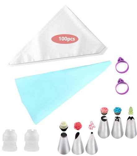 Sac a Poche,100 Pcs Set di Sac à Poche Getta 1 Sacapoche per Dolci Riutilizzabile in Silicone 6 Beccucci 2 Adattatori 2 Cinturini per Sigillatura a Tenuta per Decorare Torte Cupcake