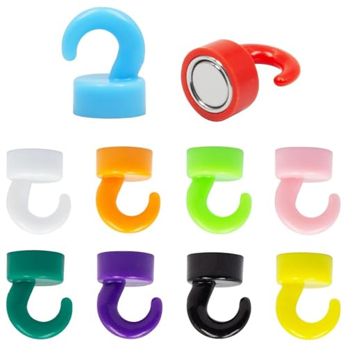 HUZNA 10 Pezzi Gancio Magnetico Extra Forte,Ganci Magnetici Rotondi al Neodimio,per Barbecue,Griglia,Campeggio,Frigorifero da Cucina,Soffitto,Colori Multipli
