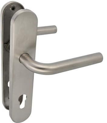 Amig - Juego de Manillas con Placa para puerta - Maneta con Bocallave - Mod. 4PXB - Acero inoxidable 18/8-230 x 45 mm - Cuadradillo de 8 mm - Plateado mate