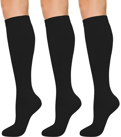 KONY Womens Cotton Knee High Socks - Casual Solid & Triple Stripe Colors Fashion Socks 3 Pairs (Womens Shoe Size 5-10) (Solid Black - 3 Pairs)