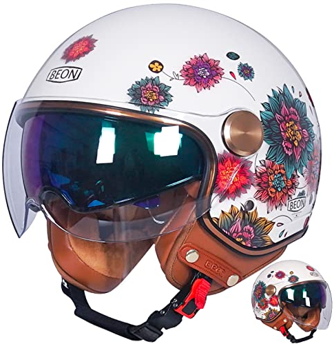 Vintage Motorradhelm mit Doppelvisier, Frauen Motorrad Jethelm, Offenes Gesicht Helm für Scooter Roller Moped Cruiser Chopper Harley ECE Zertifiziert - Komfort-Innenfutter (Blumen)