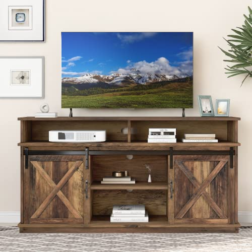 KEEPREAPER TV-Schrank mit 2 Schiebetüren, Fernsehtisch Lowboard für Fernseher bis zu 65 Zoll für Wohnzimmer, Braun, 148 x 40 x 78cm