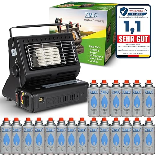 Z.M.C 2-in-1 Tragbare Keramik Gasheizung und Gaskocher 1,3 kW, mit LPG Anschluss + 20 Gaskartuschen, Campingkocher mit Piezozündung, Camping Heizung, Gasheizer für Outdoor, Zelten Terrasse, Garten