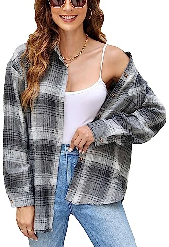 Megfie Camisa de Franela de Gran tamaño para Mujer, a Cuadros, Suave, con Botones, Enrollable, Manga Larga, Franela a Cuadros, Blusas para Mujer, Gris-2, XL