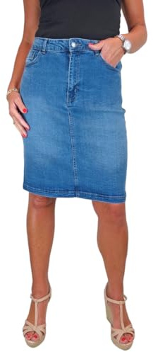Paulo Due Jupe en Jean Extensible pour Femme, Jupe Crayon Longueur Genou Bleu Moyen Délavé 38-50 (46)