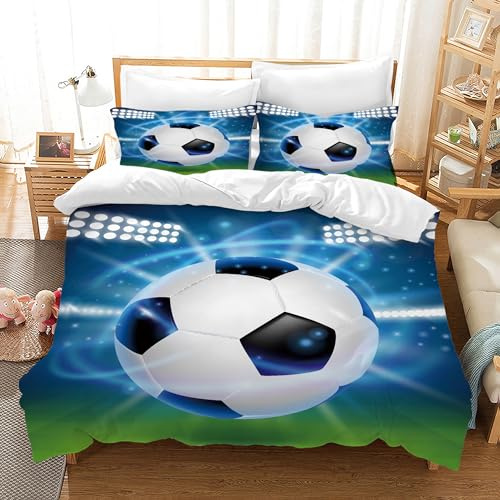 AVJWWD Football Bed Linen Set, Football Print, Children's Bed Linen, 3-Piece Set, Microfibre Bed Linen, Sports, Football Bed Linen Duvet Cover with 2 Pillowcases 65 x 65 cm (Football 01, 140 x 200 cm)