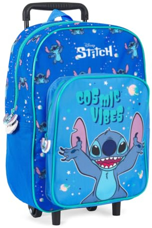 PERLETTI Sac a Dos Stitch avec Roues pour Enfant - Sac à Dos avec Chariot Détachable Bleu pour Garcon avec Extraterrestre - Sac de Voyage à Roulettes Léger Ecole Maternelle Enfants - 36x24x12 cm