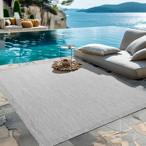 HomebyHome Outdoor-Teppich Flachgewebe Wetterfest Einfarbig Grau Küchenteppich, Balkon Terrassen Garten Wohnzimmer Teppich 80 x 250 cm