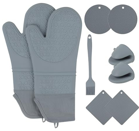 Foyucool 9er Set Ofenhandschuhe und Silikon Topflappen, Extra Lange Anti-Rutsch Hitzebeständige Küche Kochhandschuhe, BPA-frei, für Kochen, Backen, Grillen