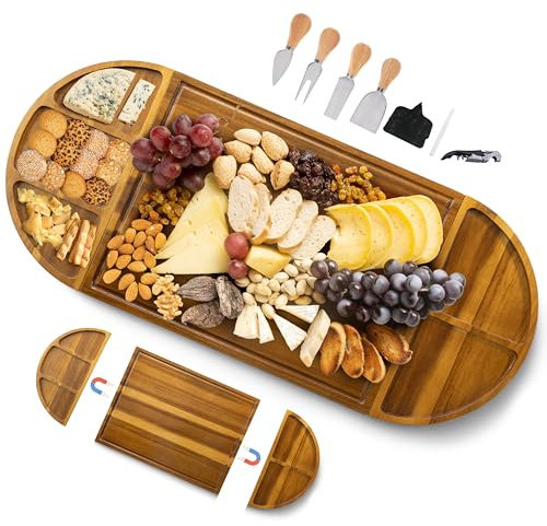 NAGAWOOD Extra Large Charcuterie Boards, 30'' x 13'' Acacia Cheese Board 3 Part Magnetic Long & Round Boards with Knive Set, Wine Opener & Cheese Marker, Unique Serving Tray for Birthday, Wedding Gift