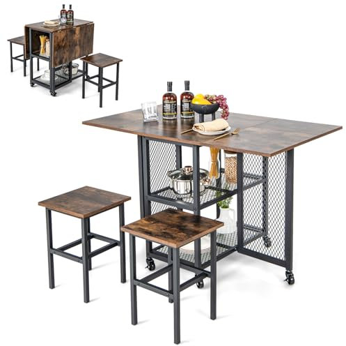 SOARS Esstisch Set, Klappbarer Küchentisch mit 2 hockern, Esszimmertische ausziehbar mit Rollen, 2 Regalen, Metallgestell, Klapptisch für 2 Personen, Essgruppe für kleine Räume