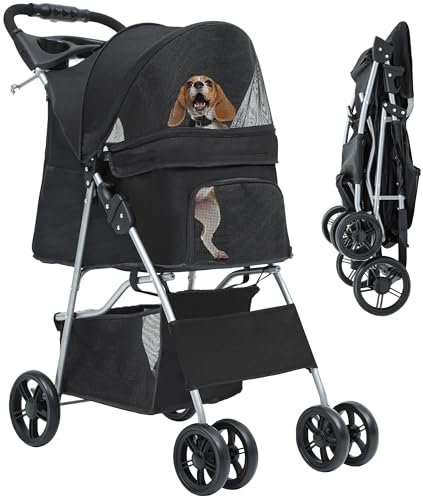 YITAHOME Hundewagen Haustiere Buggy bis 15kg, Hundebuggy mit Netzfenstern & Getränkehalter & Ablagekorb, Katzenbuggy für Hunde Katzen (Schwarz)