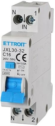 ETTROIT JXL30-32 Interruttore Magnetotermico Differenziale, 1P+N, 6-32A, 30mA, 240V, 4,5kA (C16-16A)