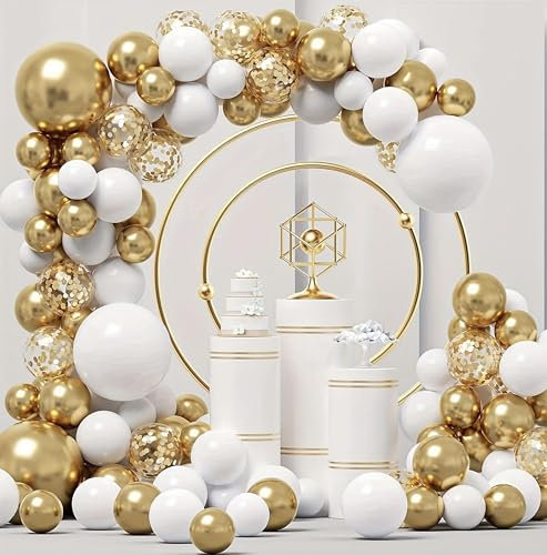 Arco Globos Decoracion Boda con Globos Blancos y Dorados. Decoración Fiesta Cumpleaños Niña y Decoración Baby Shower Niña. Guirnalda Feliz Cumpleaños. Globos Dorados y Blancos. Arco de Boda Decoracion