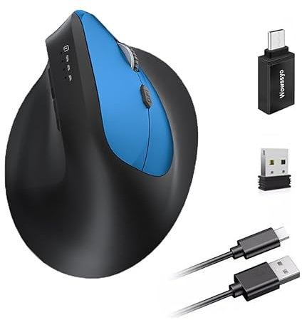 Wowssyo Mouse wireless ergonomico 3 modalità [Bluetooth 5.2, 2.4G, cablato] Wireless verticale, mouse Bluetooth senza fili 1200/1600/2400/3200/6400/9600 DPI, ricaricabile, 6 tasti, PC/Mac Blu